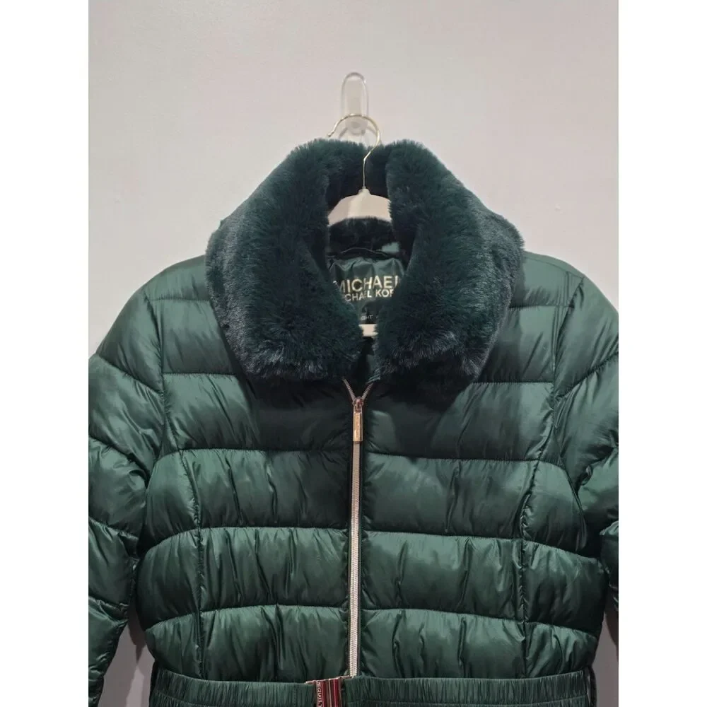 Michael Kors Green Longline Belted Puffer Coat Removable Faux Fur Collar Size M - Picture 4 of 16